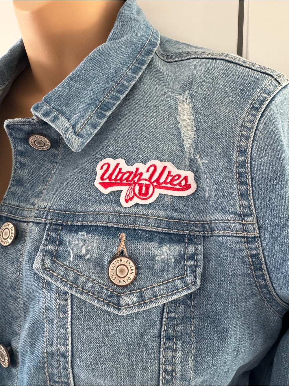 Utah Utes Red Script Patch on Light Blue Denim Jacket